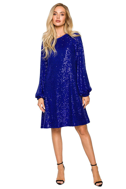 Sophisticated blue sequined evening dress with a relaxed silhouette, showcasing its luxurious feel and elegant long sleeves, perfect for evening events.