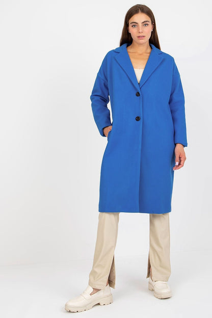 Elegant luxury women's single-breasted coat by Och Bella, showcased in vibrant blue. The coat features a flattering silhouette with long sleeves, button detailing, and practical slip pockets. Perfect for sophisticated styling in Size EU 0.
