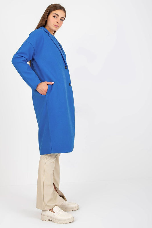 Luxury women's single-breasted coat in vibrant blue, showcasing a tailored fit with long sleeves and buttoned front, elegantly styled with slip pockets.