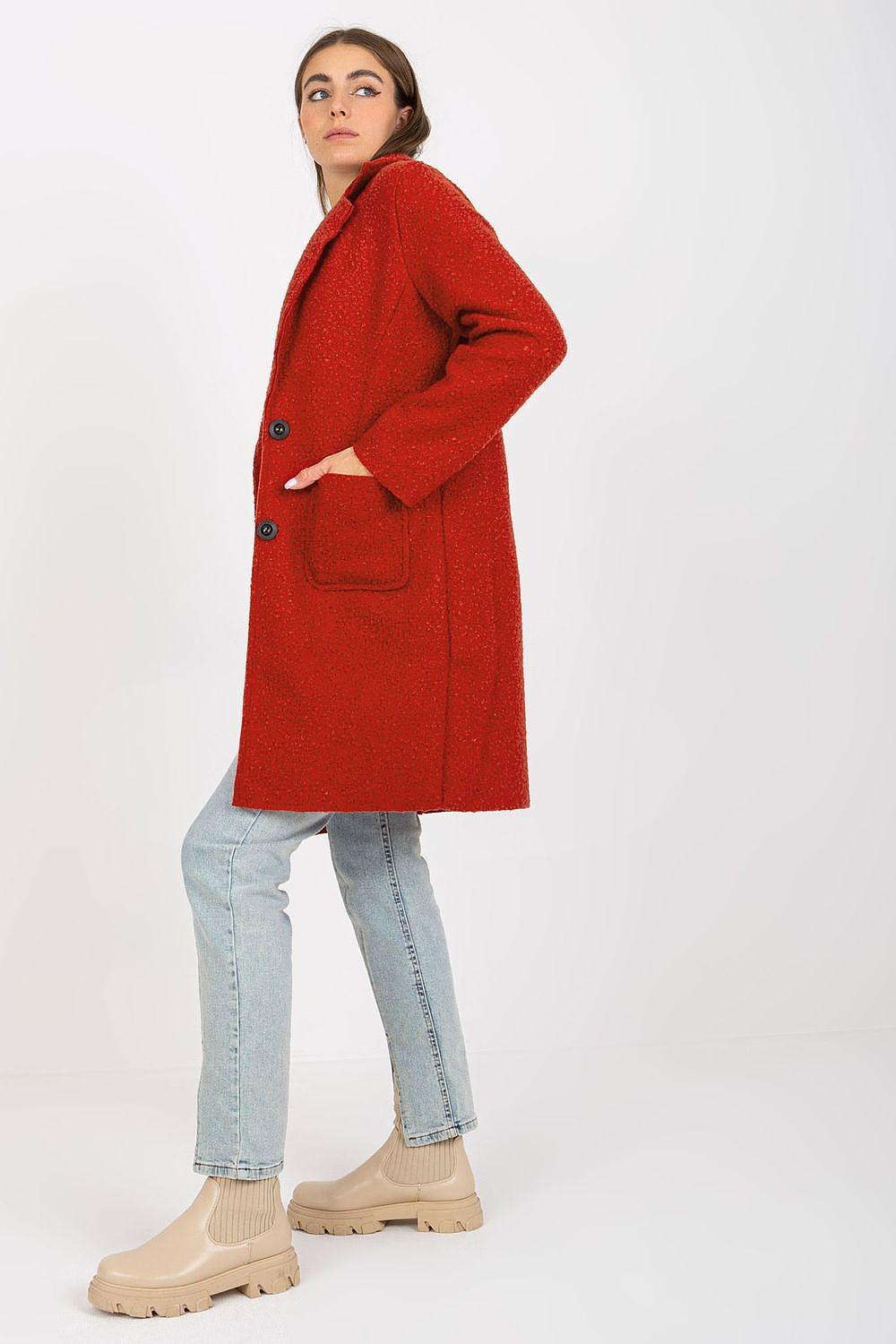 Och Bella luxury women's unlined buttoned coat in vibrant red, featuring long sleeves and patch slip pockets, styled elegantly with light blue jeans and beige ankle boots.
