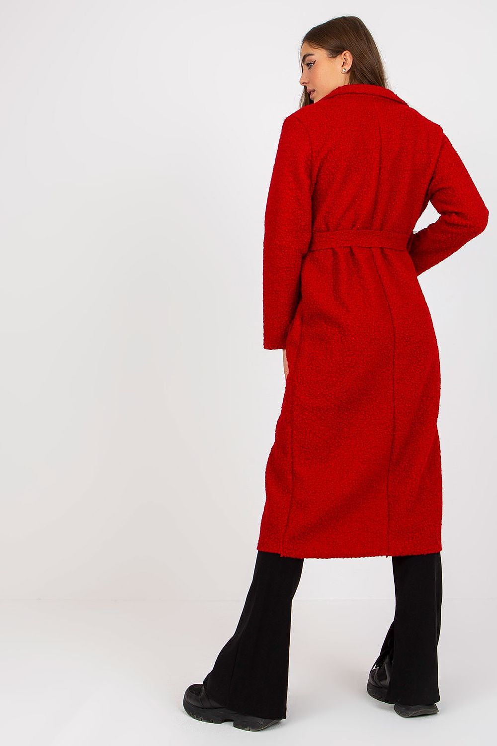 Back view of a stylish red women's coat from Och Bella, highlighting its premium fabric and tailored fit, perfect for sophisticated layering.