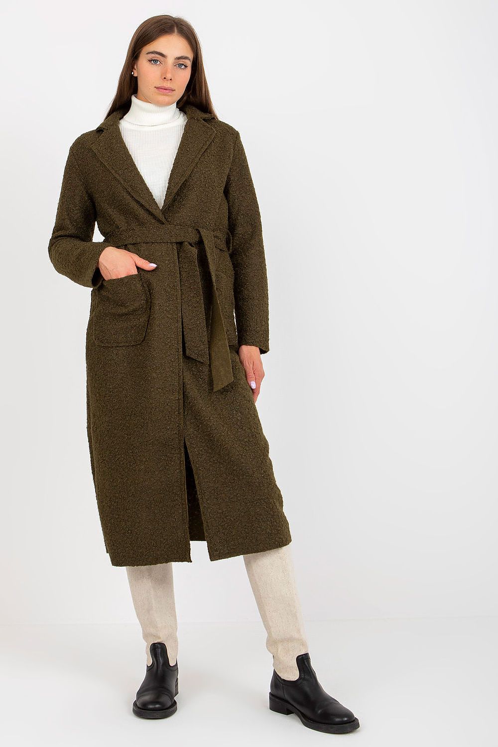 Chic Och Bella women's long sleeve green coat with a tie belt, elegantly styled with a turtleneck, appealing to luxury fashion enthusiasts.
