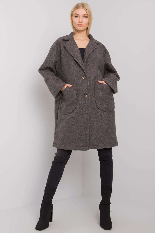 Elegant women's unlined polyester coat in dark grey, featuring long sleeves and generous patch slip pockets, exuding a luxurious casual vibe.