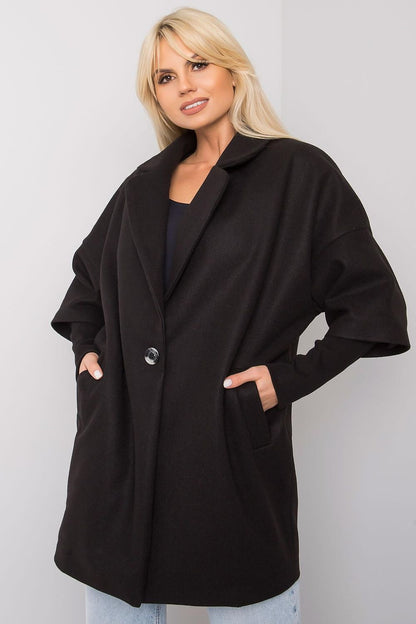 Chic black coat for women from Rue Paris with a relaxed fit, stylish button detail, and comfortable side pockets, perfect for luxurious casual wear.