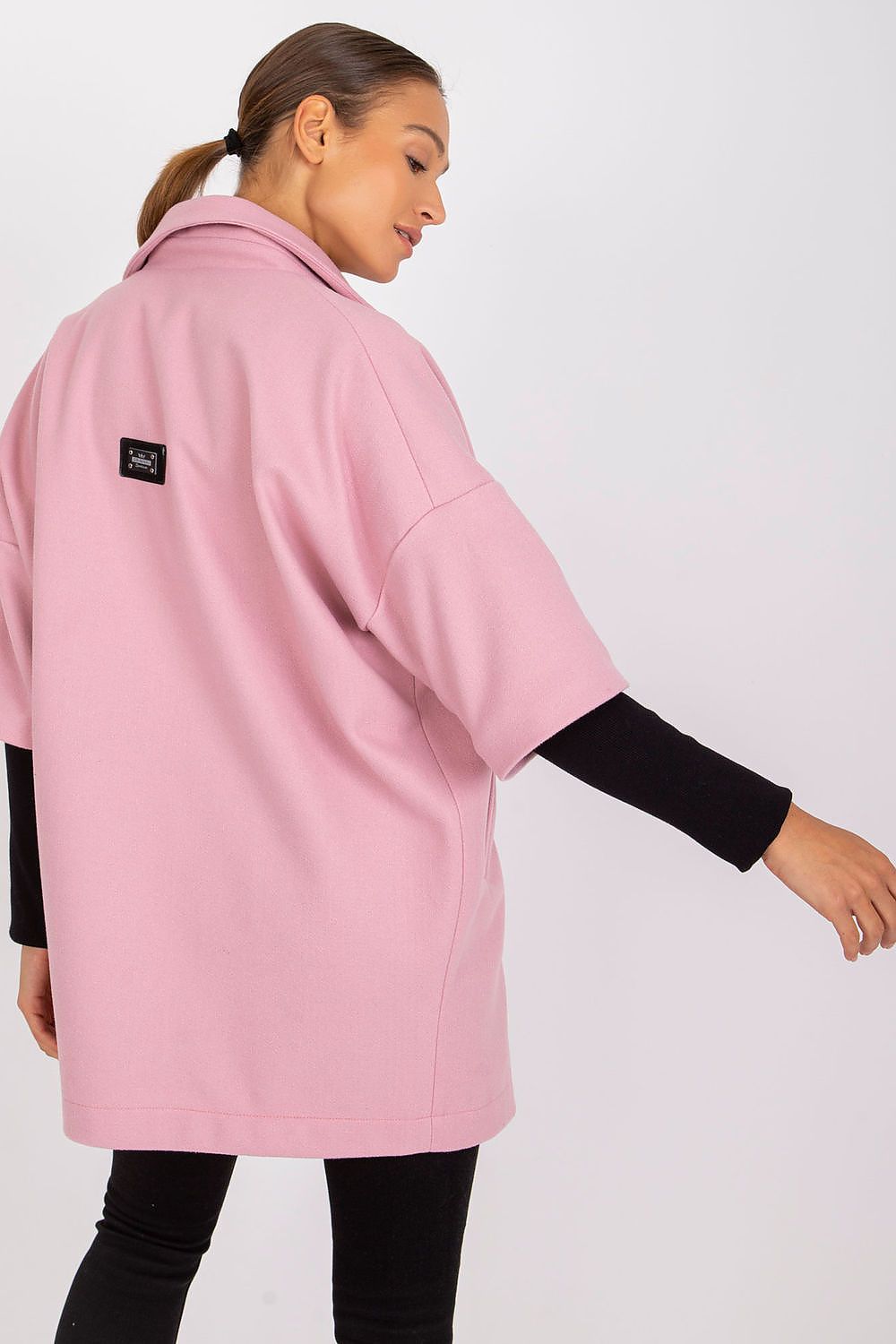 Chic back view of an elegant pink women's coat with a relaxed fit by Rue Paris, highlighting the stylish collar and signature branding.