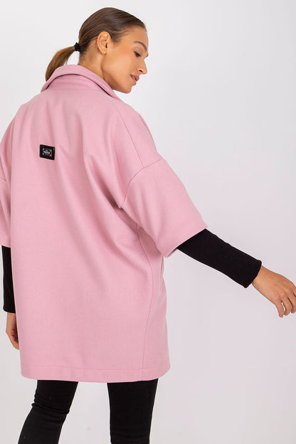 Chic back view of an elegant pink women's coat with a relaxed fit by Rue Paris, highlighting the stylish collar and signature branding.