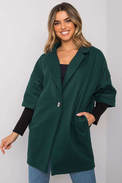 Sophisticated green loose cut women's coat by Rue Paris, elegantly displayed with a button closure and side pockets, exuding luxury.