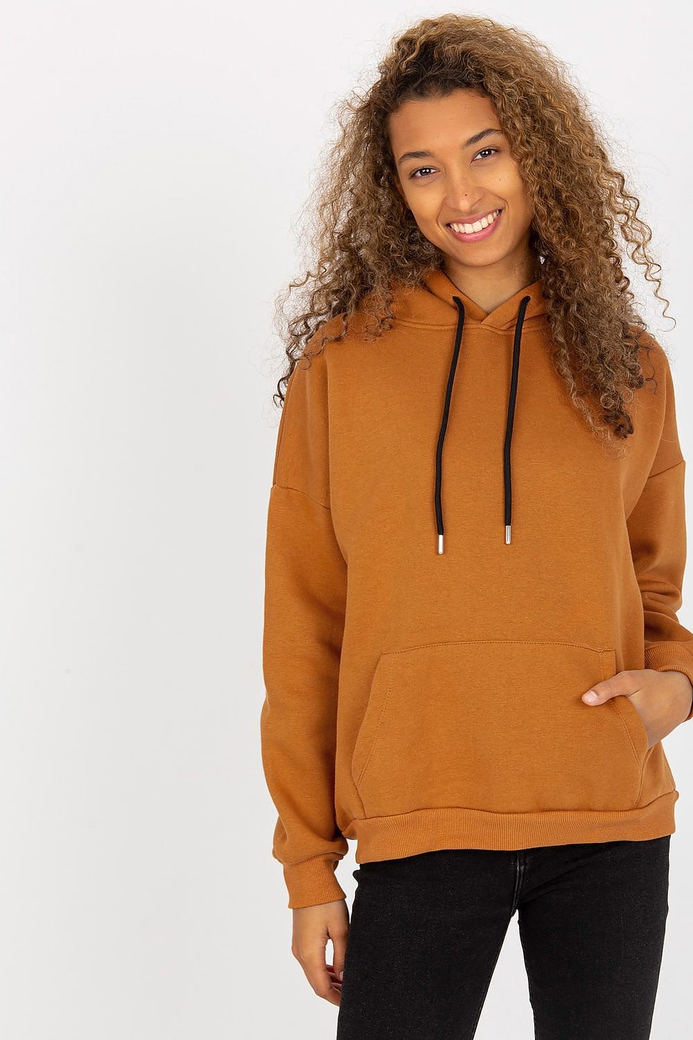 Stylish and luxurious women's cotton blend hoodie sweatshirt in warm brown, featuring a kangaroo pocket, perfect for casual elegance.