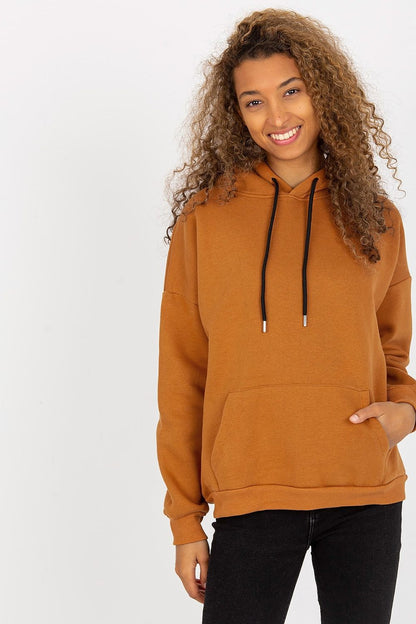 Stylish and luxurious women's cotton blend hoodie sweatshirt in warm brown, featuring a kangaroo pocket, perfect for casual elegance.