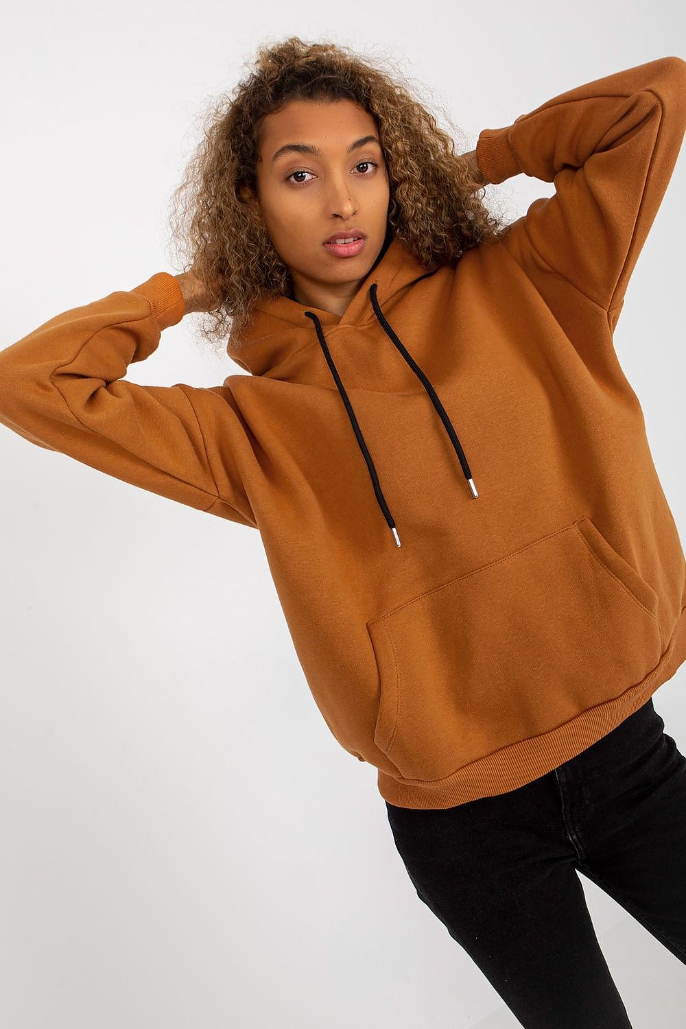 Chic women's cotton blend hoodie sweatshirt in rich brown with a kangaroo pocket, offering a blend of comfort and sophistication.