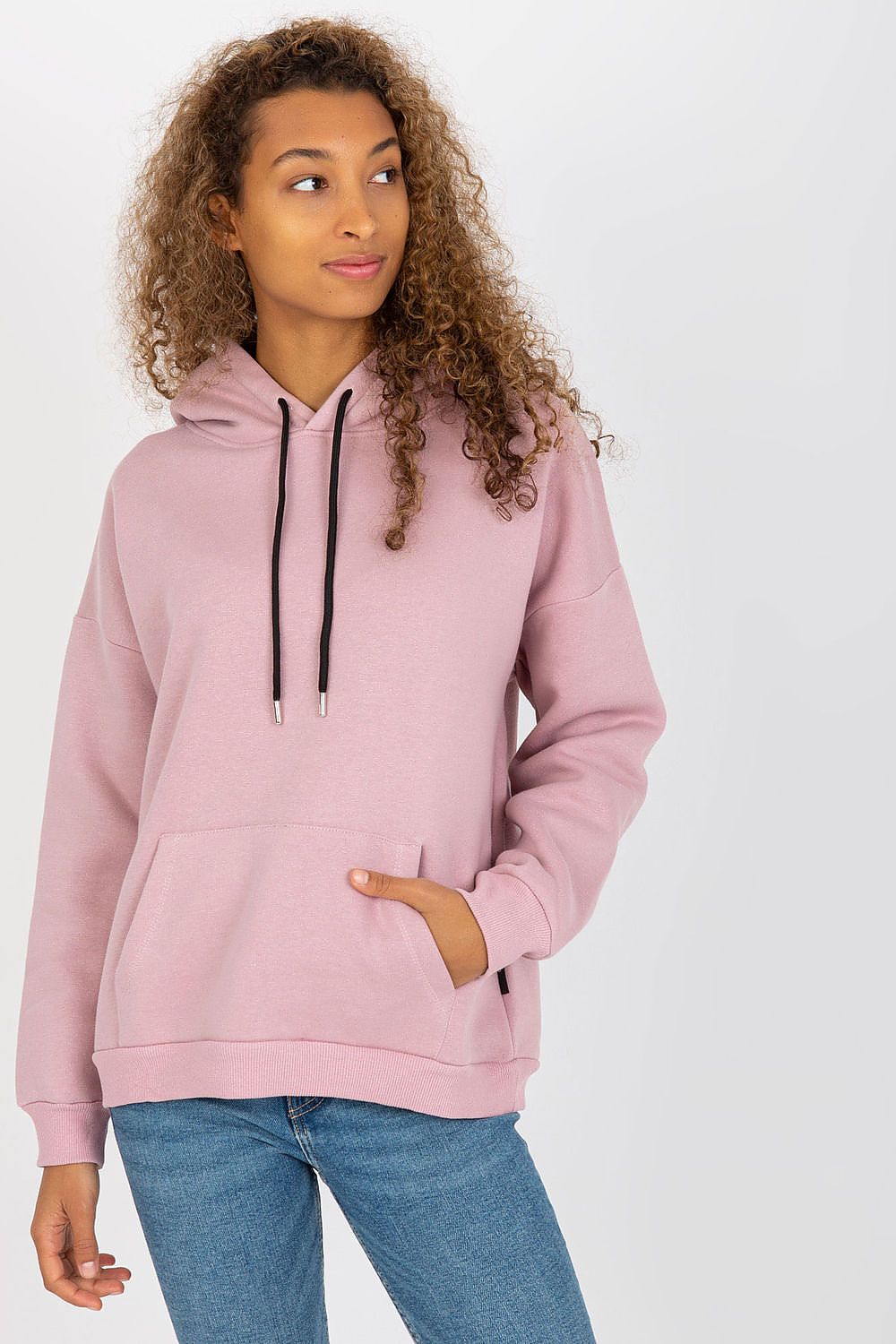 Elegant women's hoodie sweatshirt in soft pink, designed with a kangaroo pocket and black drawstrings for a modern touch of luxury.