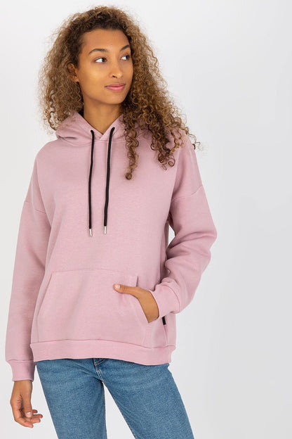 Elegant women's hoodie sweatshirt in soft pink, designed with a kangaroo pocket and black drawstrings for a modern touch of luxury.