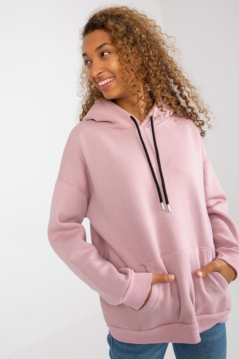 Fashionable women's cotton blend hoodie sweatshirt in pastel pink, featuring a kangaroo pocket and stylish black accents for a refined casual look.