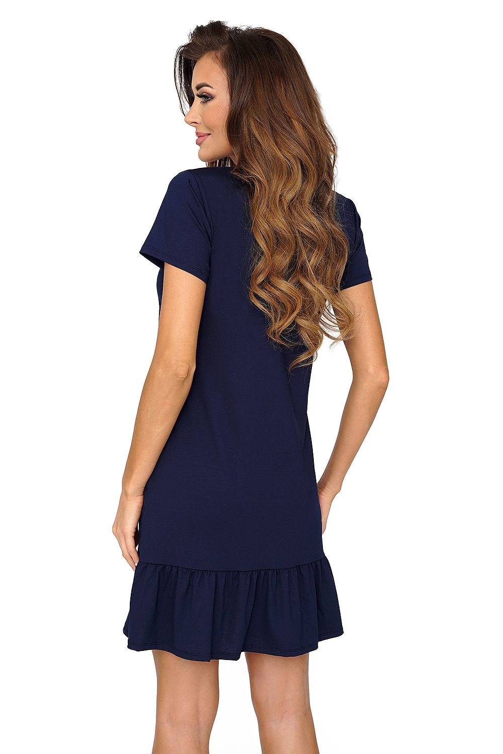 Back view of a luxurious navy blue cotton nightshirt, highlighting its comfortable fit and wide ruffle detail at the bottom, ideal for relaxed evenings.