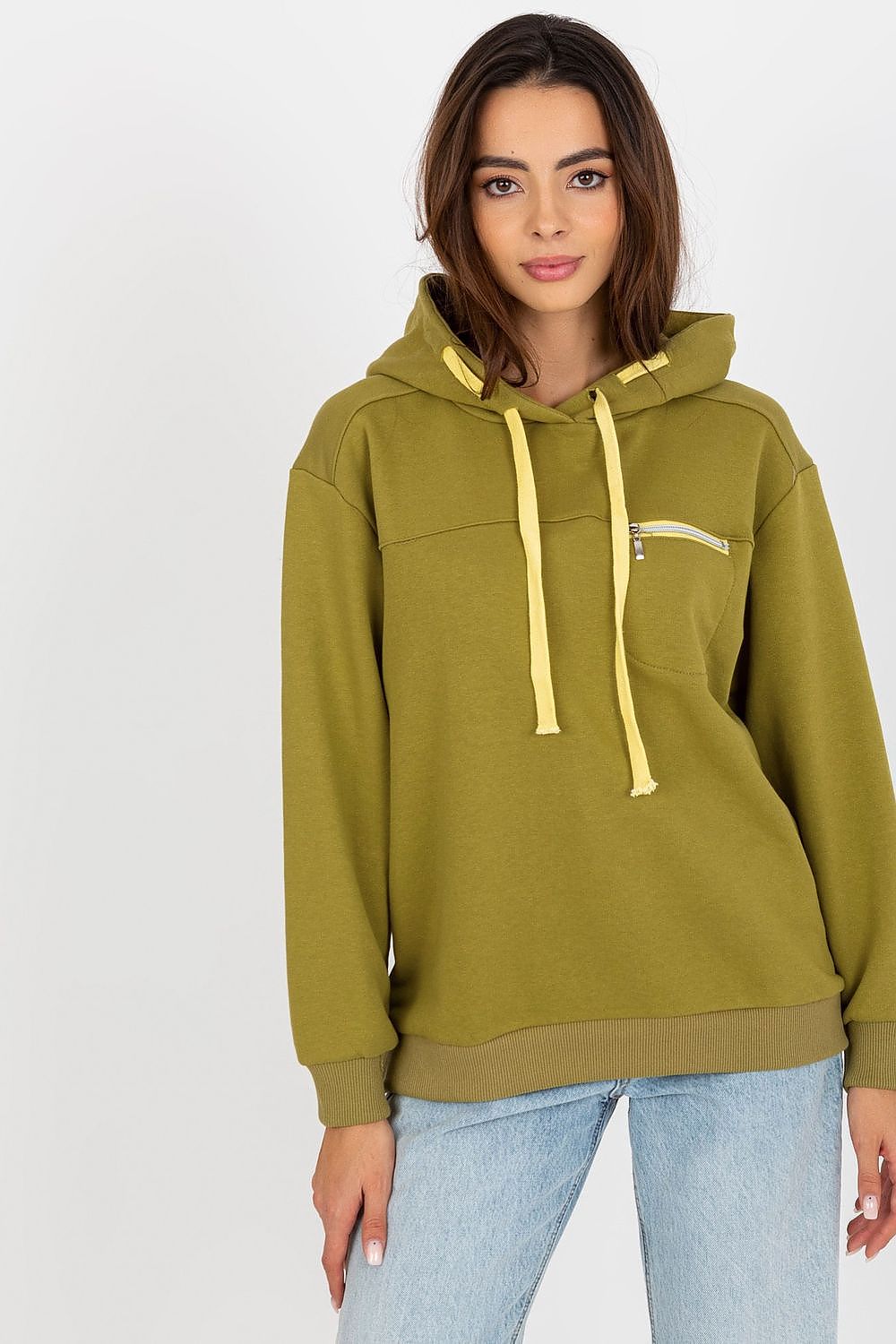 Elegant women's luxury hoodie sweatshirt in olive green with a zippered pocket and luxe drawstrings, perfect for chic casual wear.