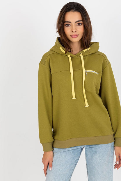 Elegant women's luxury hoodie sweatshirt in olive green with a zippered pocket and luxe drawstrings, perfect for chic casual wear.