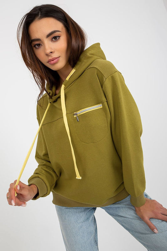 Luxury women’s hoodie sweatshirt in olive green with a zippered pocket, featuring a cozy hood and contrasting yellow drawstrings, designed for elegance and comfort.