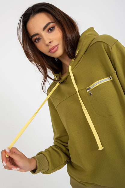 Chic olive green women's hoodie sweatshirt showcasing a zippered pocket and stylish yellow drawstrings, perfect for a luxury casual look.