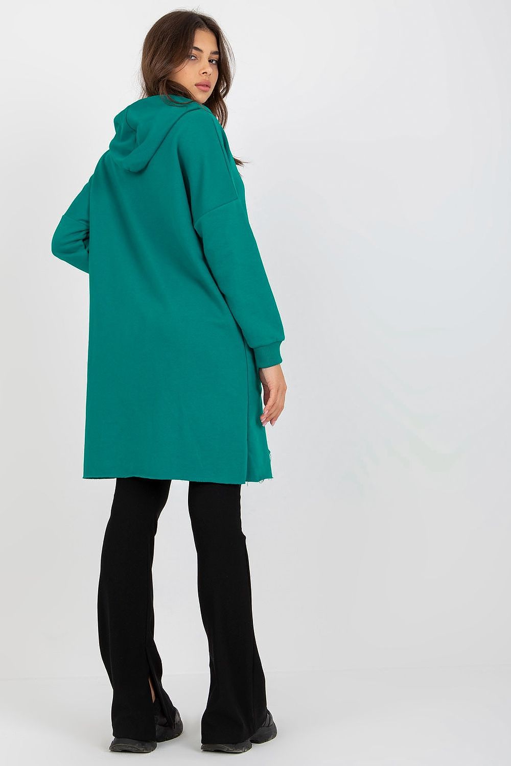 Elegant back view of the turquoise extended cut sweatshirt with hood, showcasing its unique style and comfort.