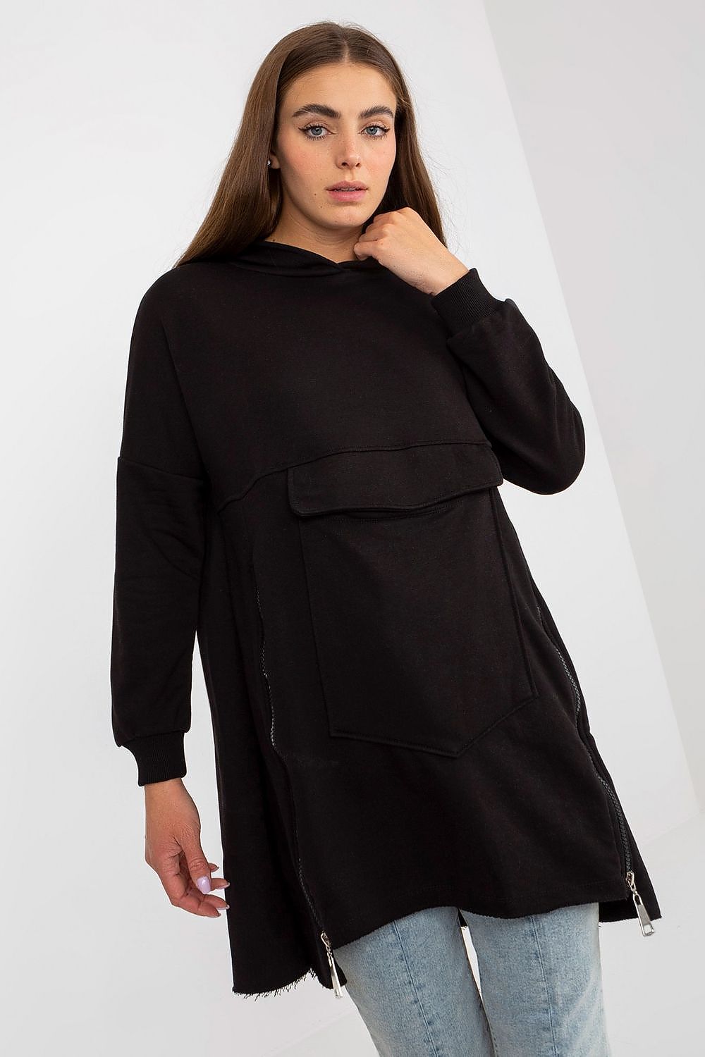 Sophisticated black extended cut sweatshirt with decorative zippers and front pocket, designed for a modern look.