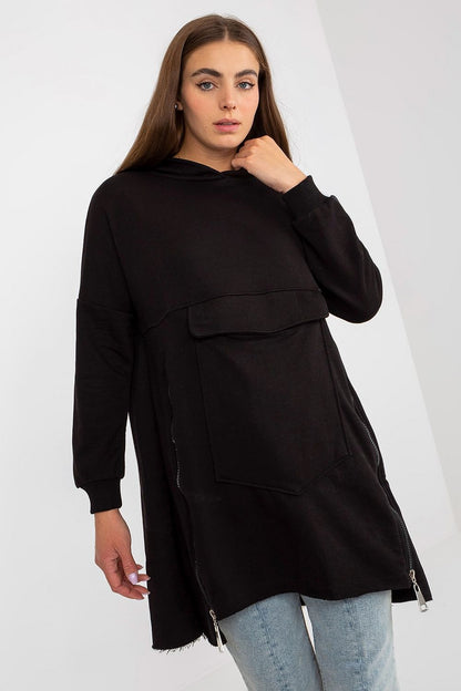 Sophisticated black extended cut sweatshirt with decorative zippers and front pocket, designed for a modern look.