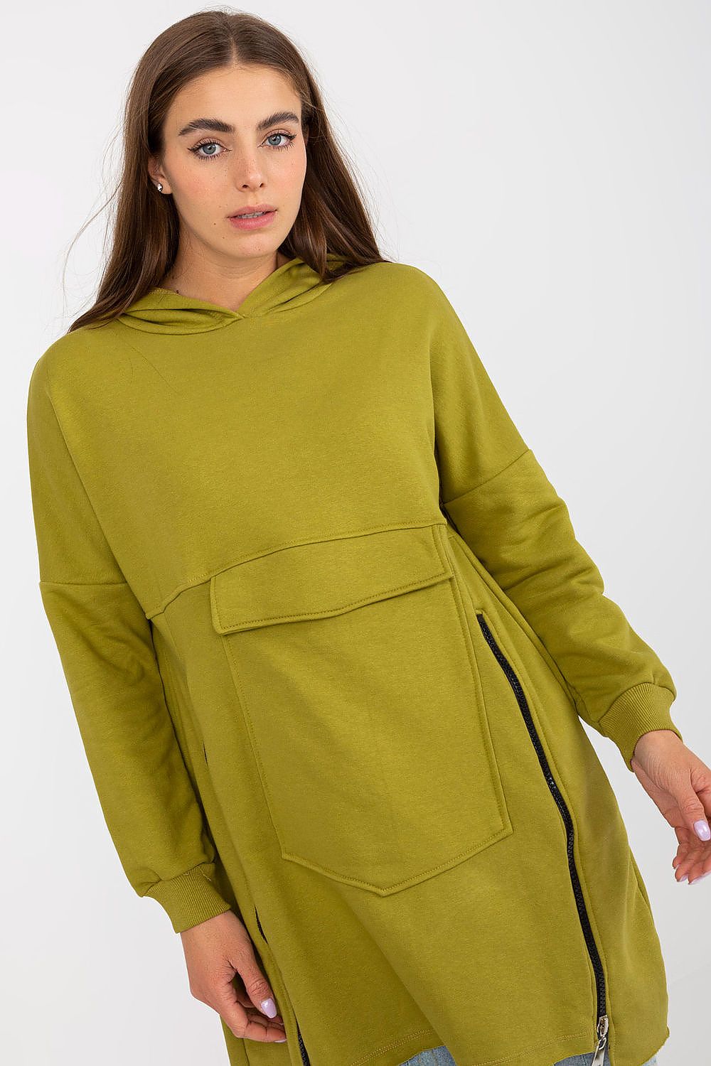 Chic olive green luxury sweatshirt with an extended cut, intricately designed with decorative zippers and a large front pocket, complemented by a stylish hood.
