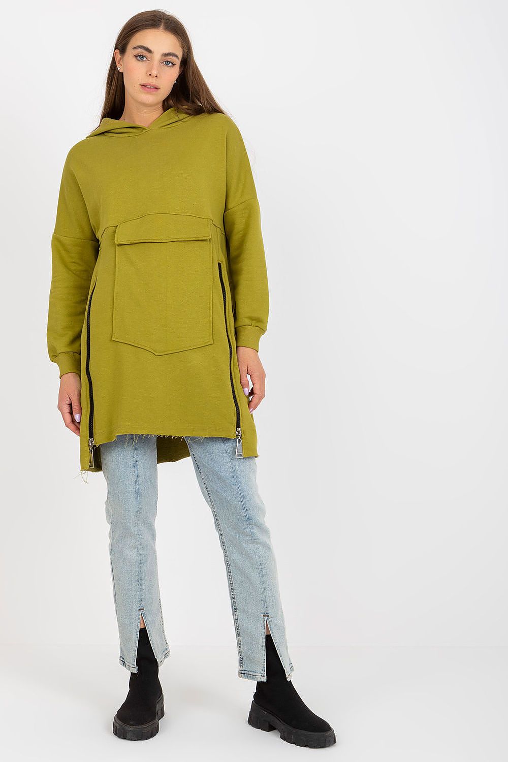Sophisticated extended cut hoodie in olive green, showcasing decorative zippers and a generous front pocket, perfect for a fashionable casual look.