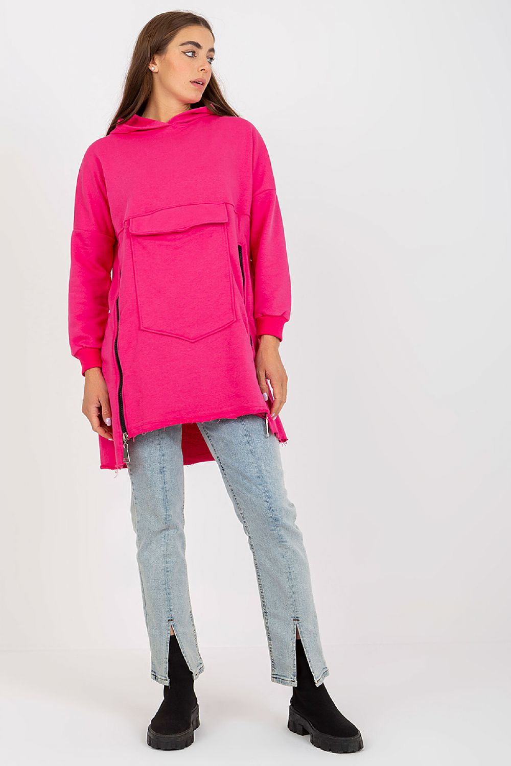 Trendy pink extended cut sweatshirt with a luxurious feel, detailed with decorative zippers and a large pocket, ideal for elegant casual outfits.