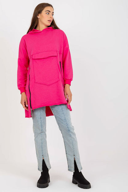 Trendy pink extended cut sweatshirt with a luxurious feel, detailed with decorative zippers and a large pocket, ideal for elegant casual outfits.