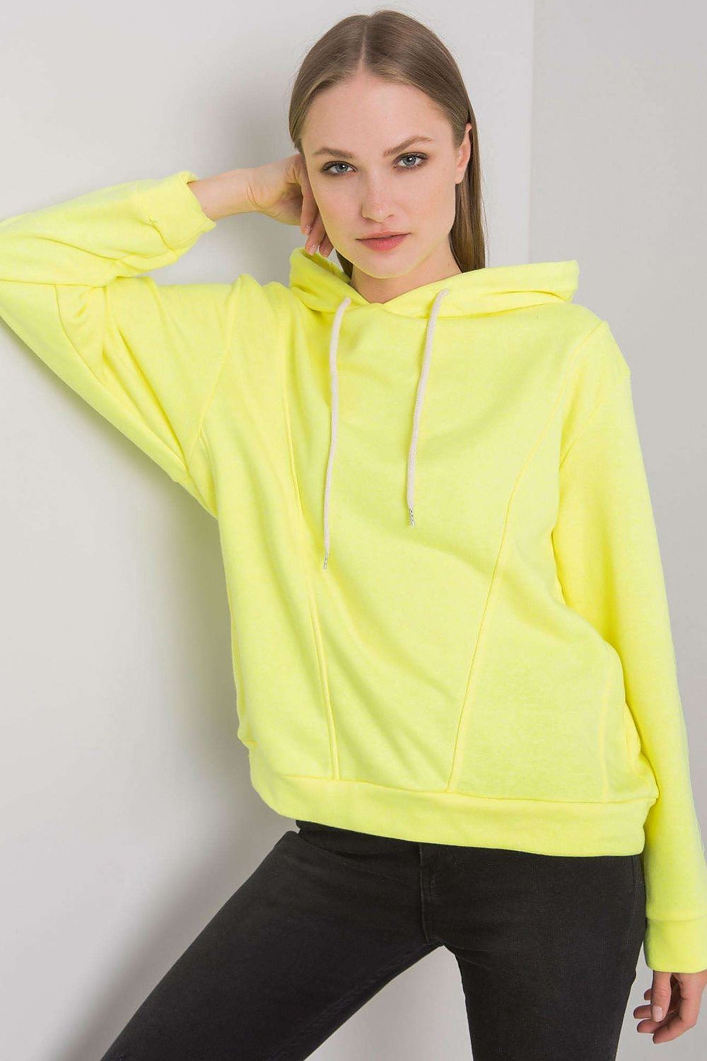 Luxurious yellow cotton blend hoodie sweatshirt for women, featuring long sleeves and a stylish front design, perfect for casual yet chic occasions.