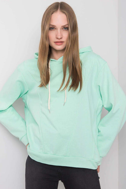 Luxury women's cotton blend hoodie sweatshirt by Ex Moda in soothing mint green, designed with long sleeves and a hood for chic comfort.