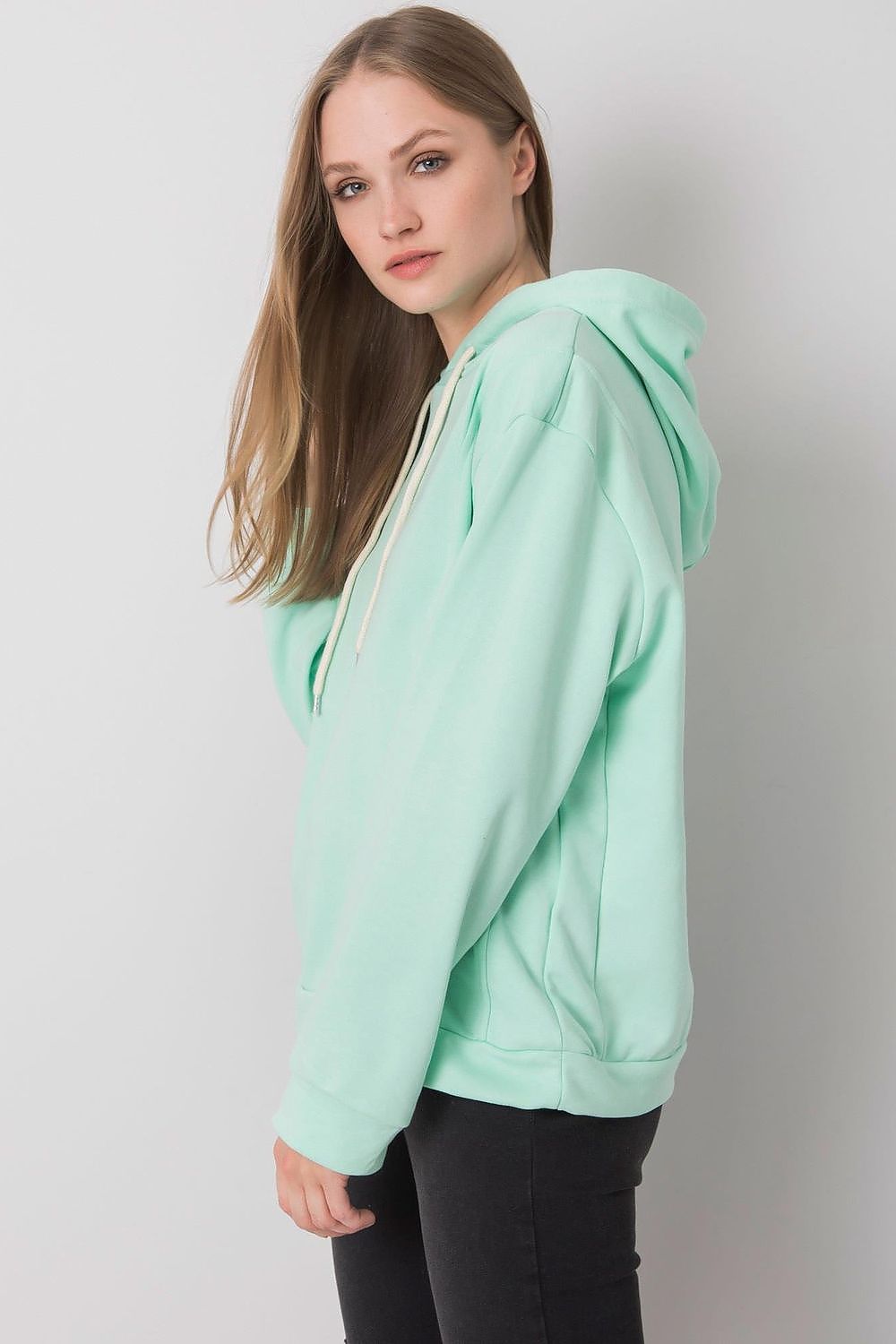 Chic women's cotton blend hoodie sweatshirt by Ex Moda in mint green, featuring a relaxed fit and long sleeves, ideal for fashionable everyday wear.
