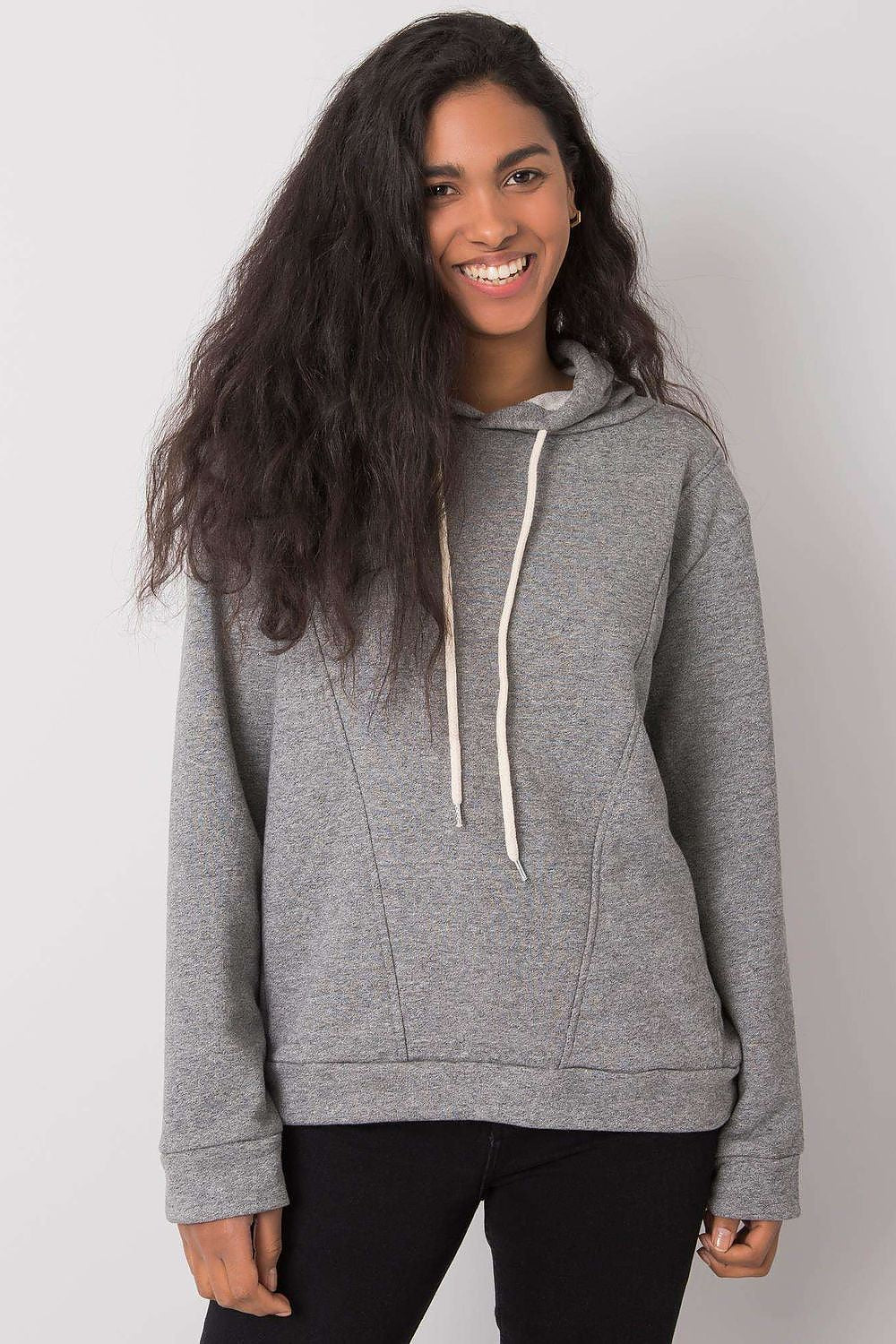 Elegant women's cotton blend hoodie sweatshirt by Ex Moda in classic grey, designed with long sleeves and a hood, representing luxury in casual attire.