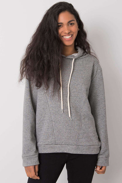 Elegant women's cotton blend hoodie sweatshirt by Ex Moda in classic grey, designed with long sleeves and a hood, representing luxury in casual attire.