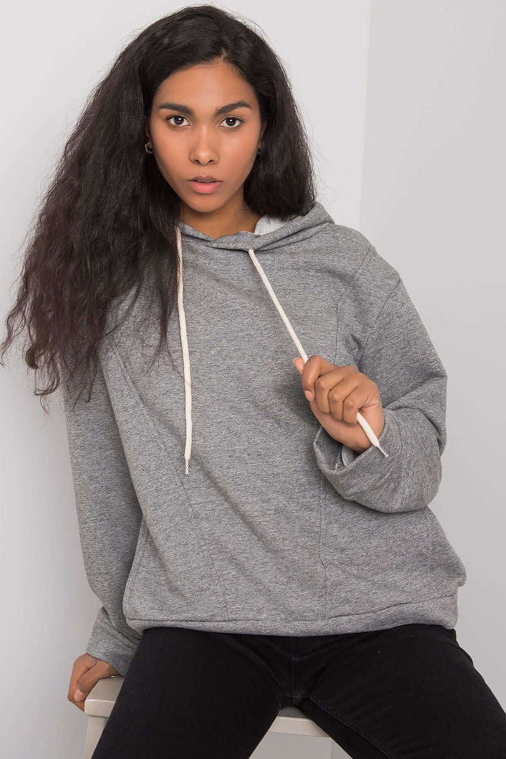 Elegant women's cotton blend hoodie sweatshirt featuring long sleeves and a delicate hood, perfect for stylish casual wear.