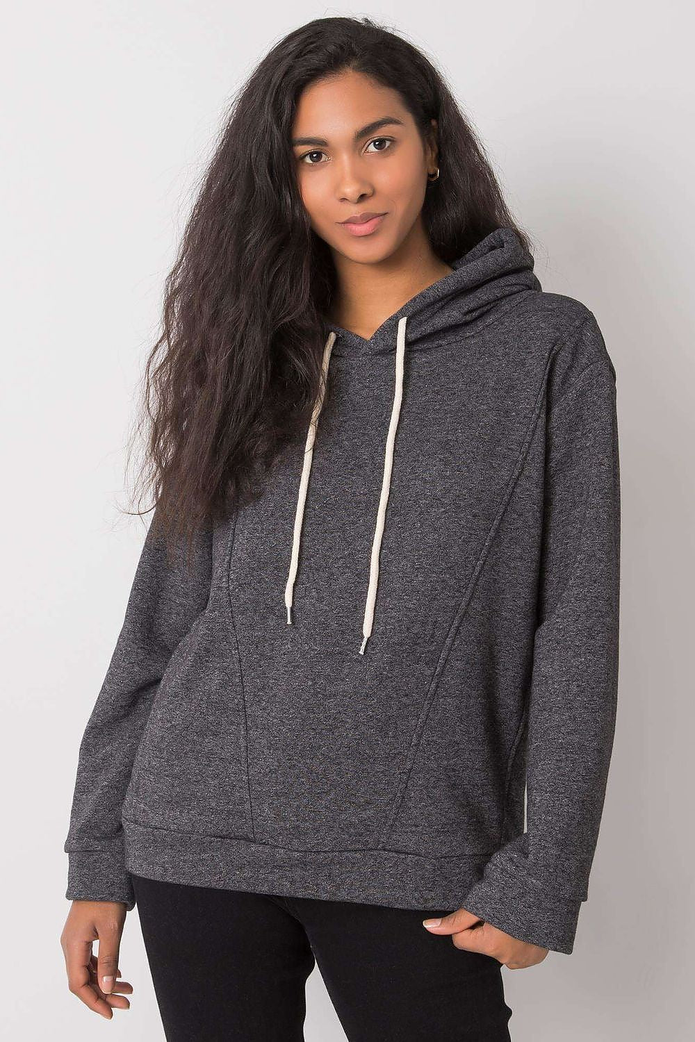 Trendy front view of a dark grey women's cotton blend hoodie, highlighting its modern design and refined fabric.