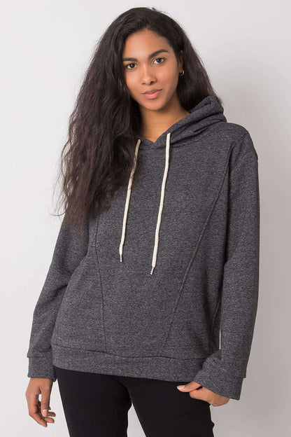 Trendy front view of a dark grey women's cotton blend hoodie, highlighting its modern design and refined fabric.