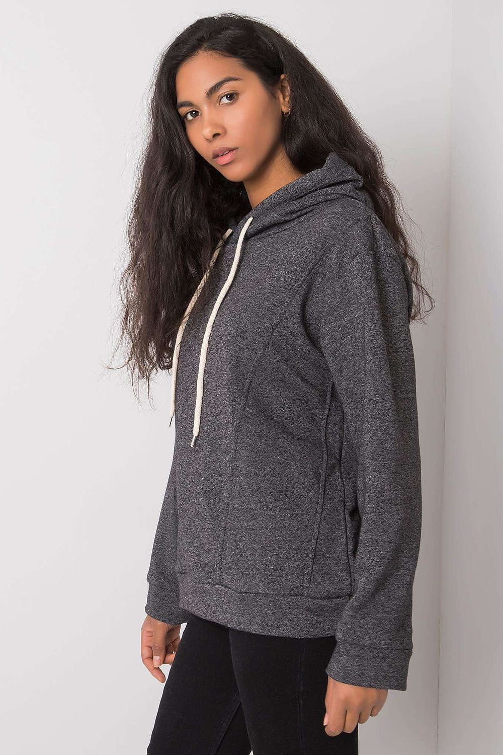 Stylish side profile of a luxury women's hoodie sweatshirt in dark grey, featuring a comfortable and fashionable fit.