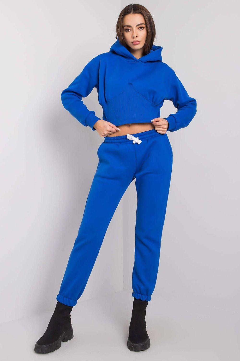 Ex Moda luxe women's cotton sweatshirt set featuring a cropped blue hoodie and matching long pants, perfect for stylish comfort.