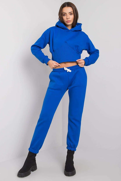 Ex Moda luxe women's cotton sweatshirt set featuring a cropped blue hoodie and matching long pants, perfect for stylish comfort.