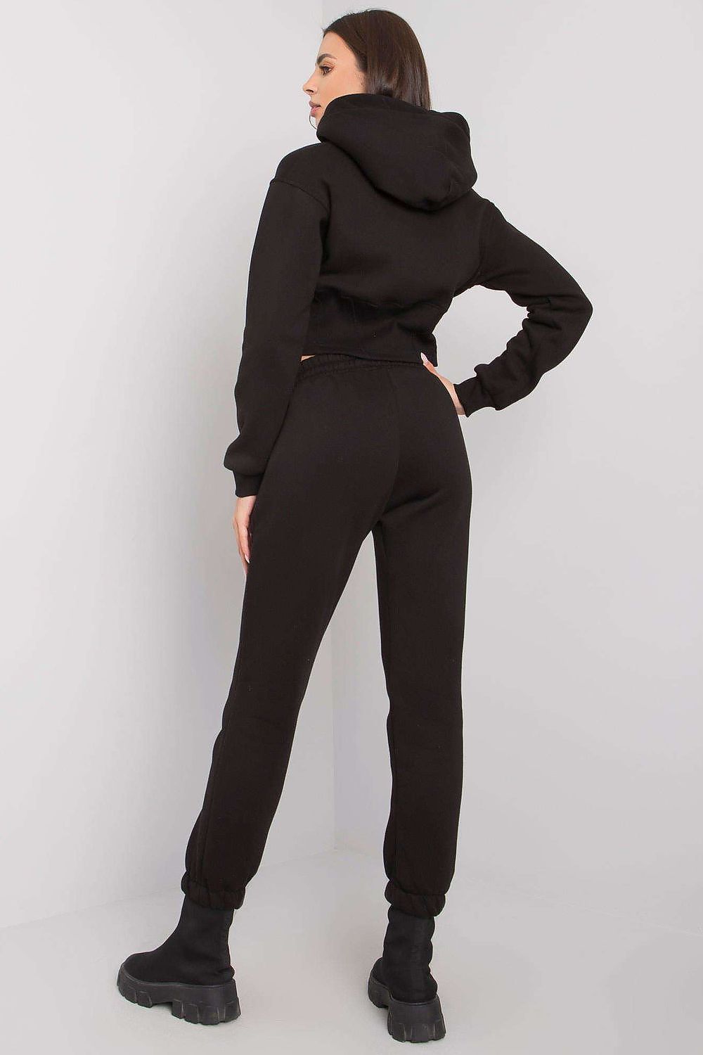 Stylish back view of the Ex Moda luxe black hoodie and pants set, highlighting the trendy cropped design and comfortable fit.