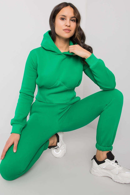 Elegant women's luxe 2-piece cotton sweatshirt set featuring a vibrant green hoodie and matching long pants, perfect for stylish casual wear.