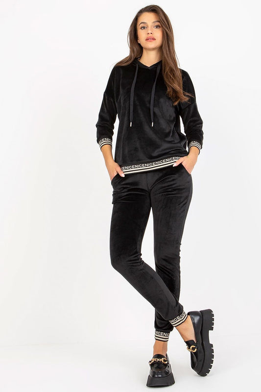 Elegant women's luxury velour loungewear set featuring a stylish 3/4 sleeve hooded sweatshirt and matching tie-waist pants, presented in classic black with decorative ribbed cuffs for a chic look.