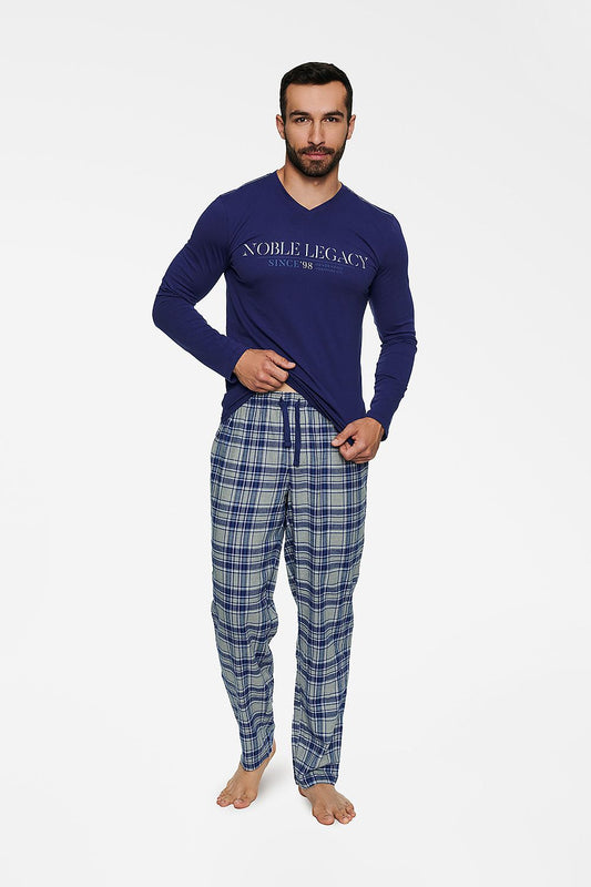 Exquisite men's pyjama ensemble comprising a long-sleeve V-neck blouse in royal blue, complemented by tailored plaid flannel pants, designed for comfort and refined relaxation.