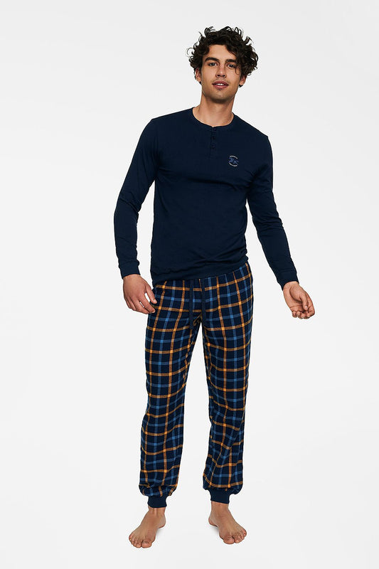 Luxurious men's 100% cotton pajamas set featuring a comfortable long-sleeve navy top and stylish checkered pants in blue and gold, perfect for relaxation and lounging.