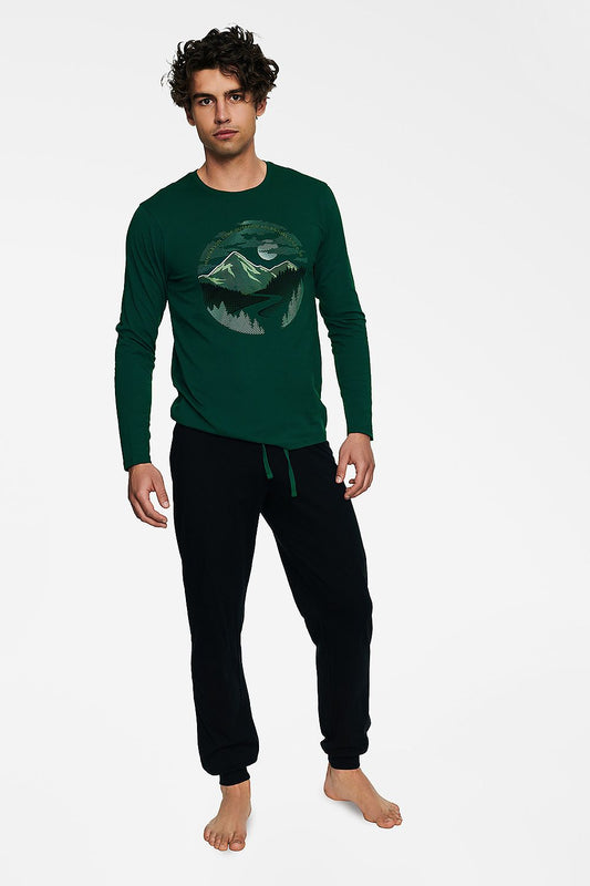 Luxury Henderson Brich men's cotton pyjamas set featuring a stylish long-sleeved green T-shirt with an elegant mountain graphic paired with comfortable black pants, perfect for a restful night's sleep.