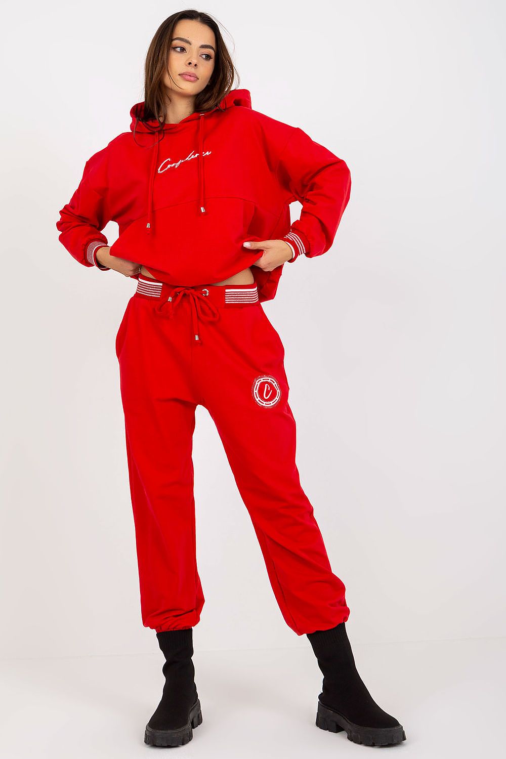 Luxury red cotton blend sweatshirt and pants set featuring a kangaroo pocket, ideal for stylish comfort.