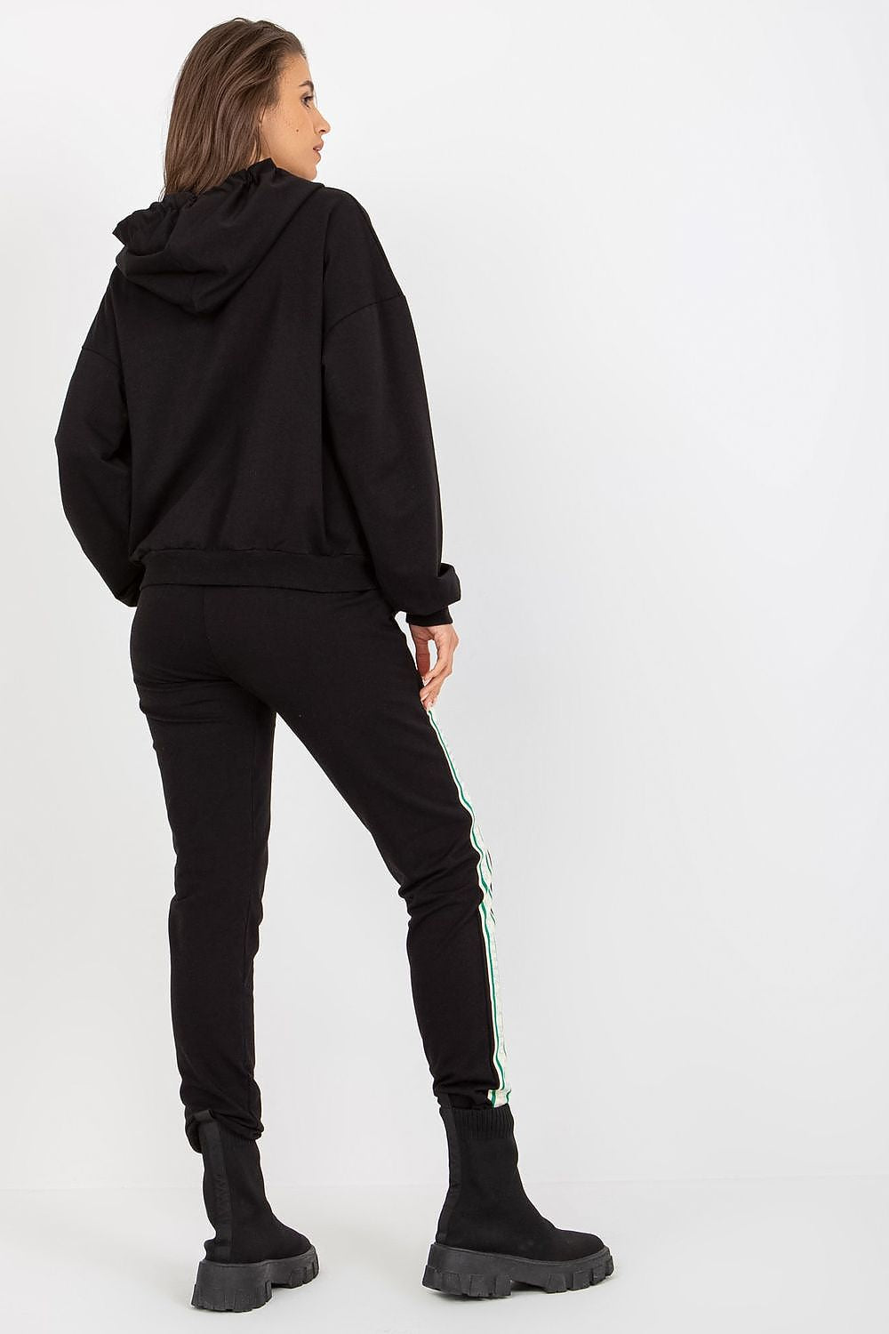 Elegant black cotton-blend hoodie sweatshirt set featuring a relaxed fit and long pants, accented with slip pockets, perfect for luxurious comfort and style.