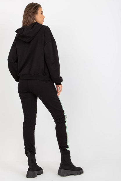 Elegant black cotton-blend hoodie sweatshirt set featuring a relaxed fit and long pants, accented with slip pockets, perfect for luxurious comfort and style.