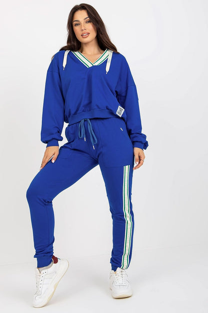 Chic blue cotton-blend hoodie sweatshirt set with a stylish V-neck design, complemented by tapered long pants with elegant side stripes, exuding modern luxury.